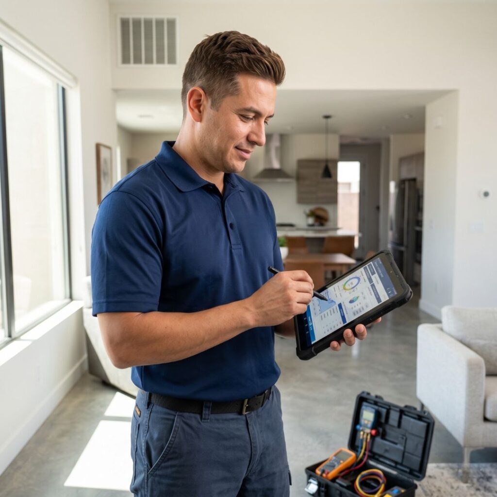 Kingsaire technician performing a Manual J load calculation for a cooling system.