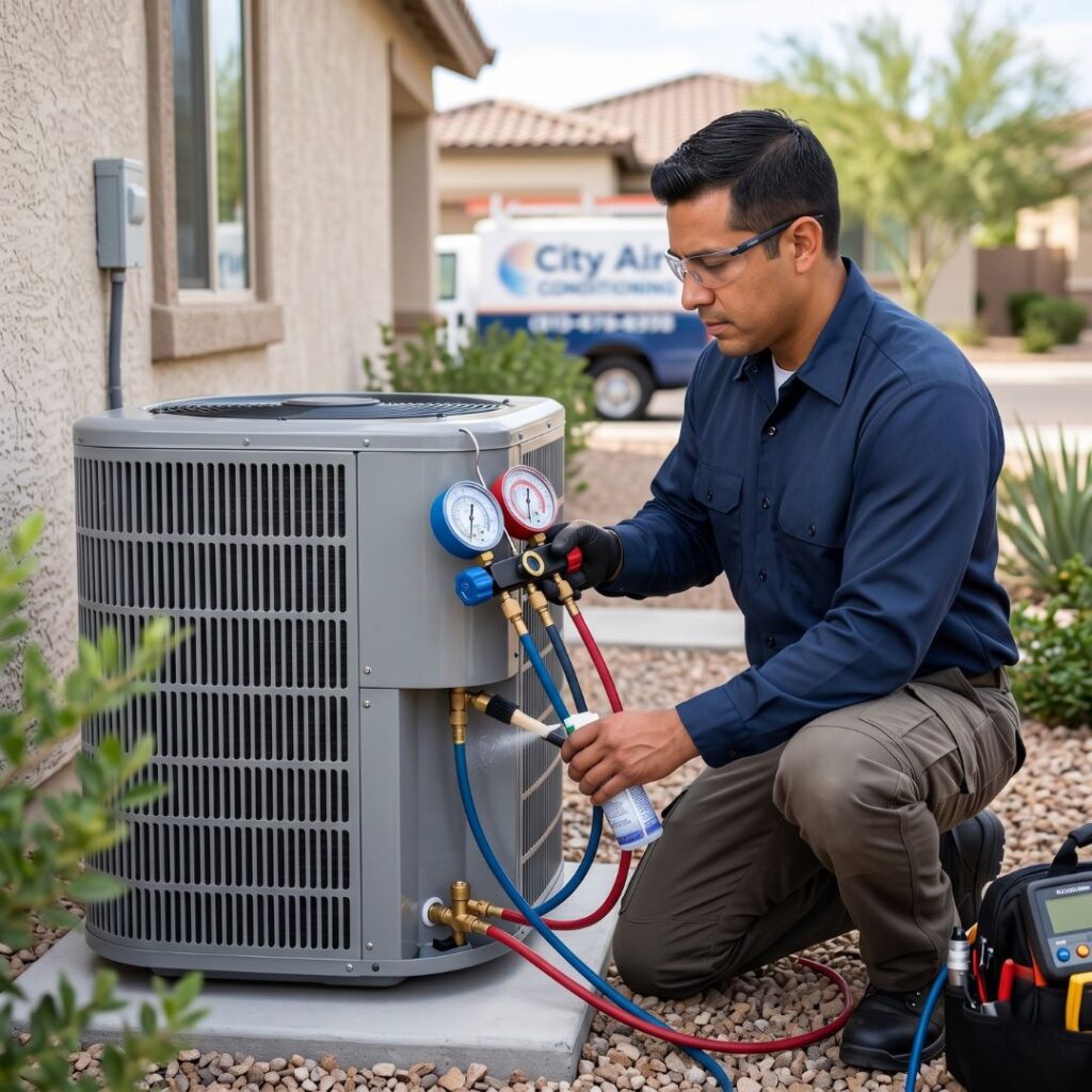 HVAC technician performing a final pressure test on a refrigerated air unit.