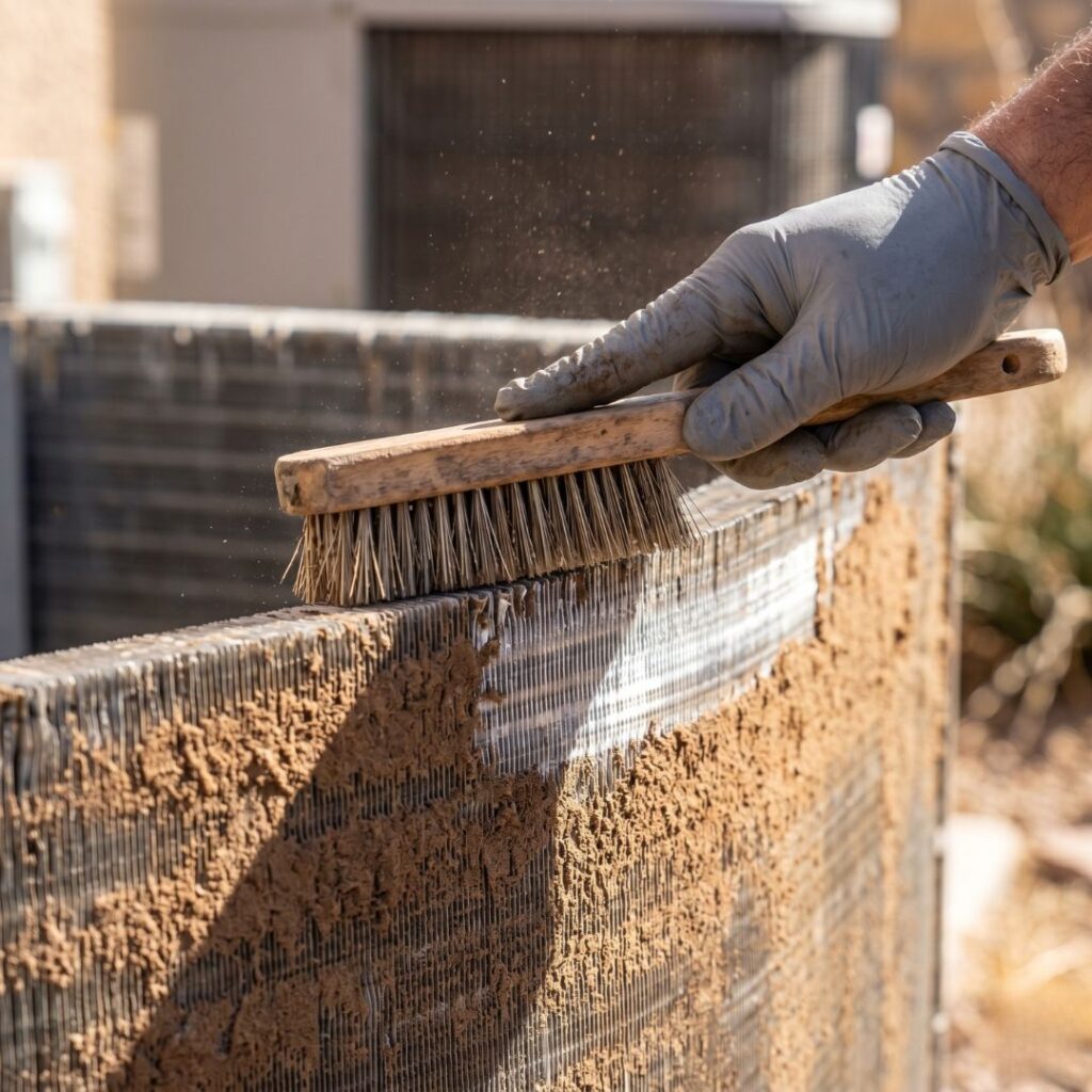 Technician cleaning dusty AC coils as part of summer hvac services in El Paso.