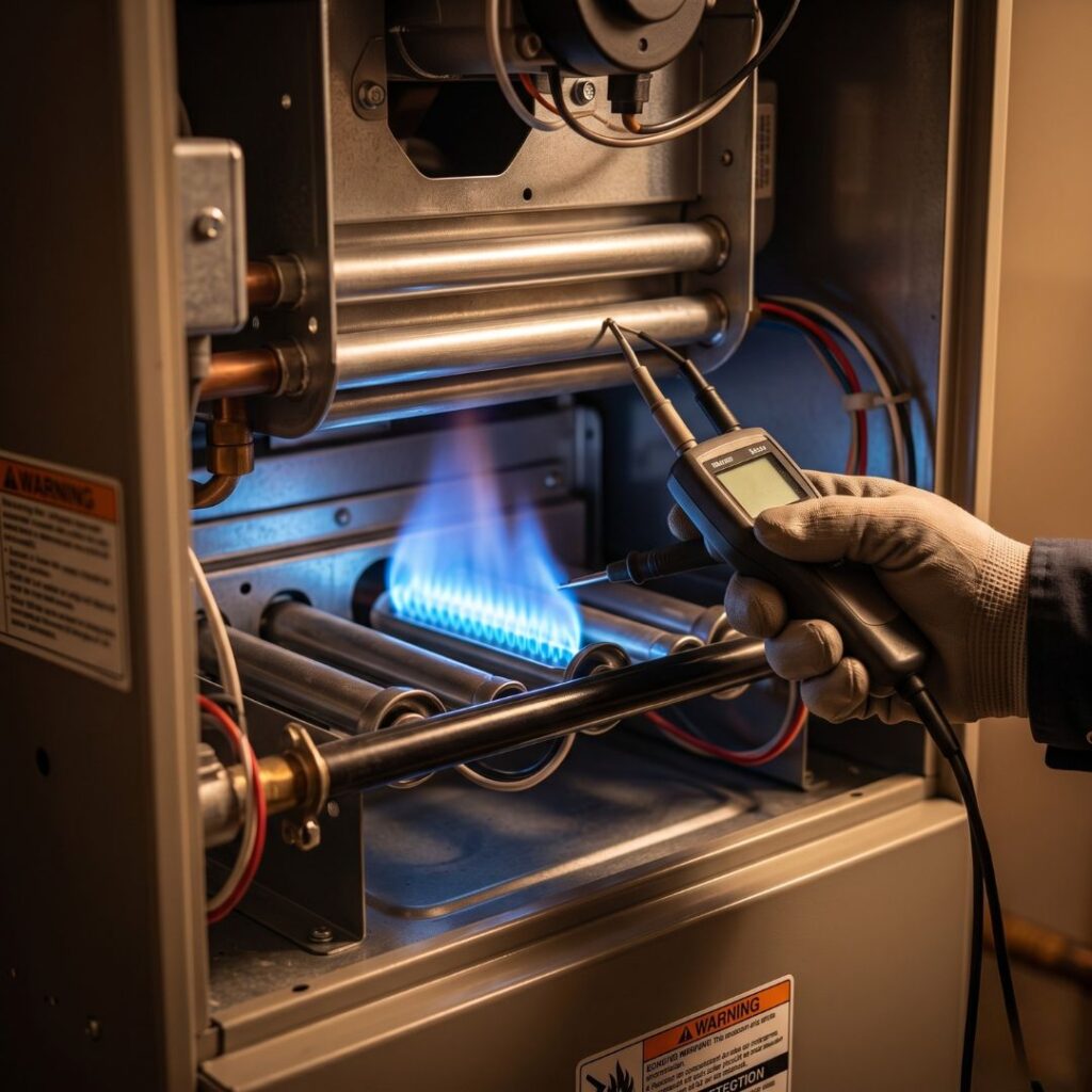 Safety inspection of a gas furnace heat exchanger for winter readiness.